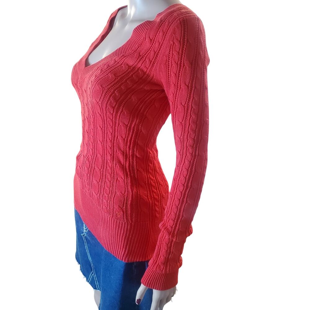 American Eagle XS Red Cable Open Knit V-Neck Sweater LS Fitted Y2K Bella Swan - Picture 7 of 13
